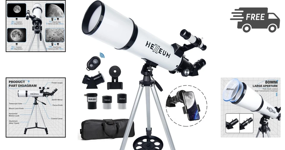 80mm Aperture Astronomy Telescope Portable Refractor 600mm AZ Mount for Kids ... - Image 2 of 4