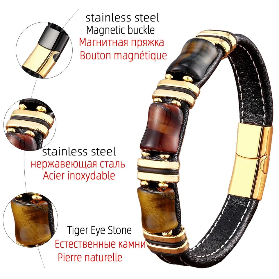 Bracelet homme naturel en perles œil de tigre, corde en cuir noir, fermoir en... - Photo 4/4