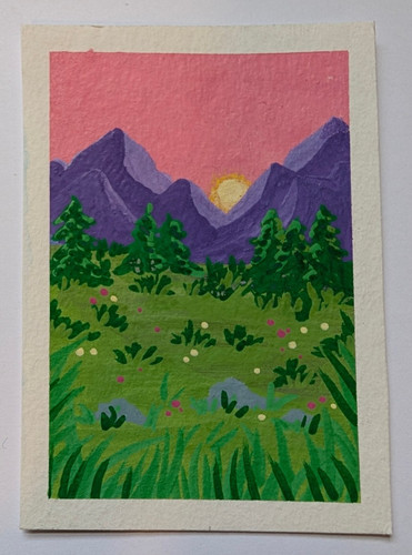 ACEO Original Pop Art Acrylic Markers Mountains Trees 2.5x3.5 by Mara Molnar