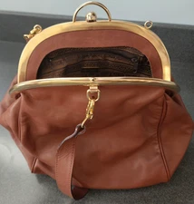 Vintage Neiman Marcus Purse Tan/Cognac with Gold Trim Leather 12" wide 10" tall