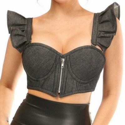 Daisy Corsets Lavish Black Denim Underwire Bustier Top Removable Ruffle Sleeves
