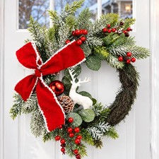 Christmas Wreath for Front Door, Artificial with Red Bow, Green