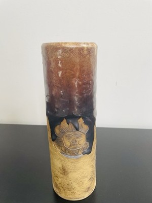Vintage Unique Cylindrical Studio Art Pottery Vase 8  W/ Sun Images, Stamped