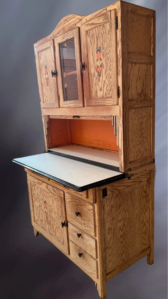 Antique Oak Hoosier Kitchen Cabinet w/ Enamel Top & Glass Door - 70.5” Tall. - Image 2 of 4