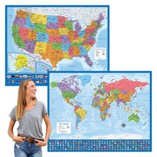 2-Pack Giant Laminated World & US Map Poster Set - 46" x 60" Blue