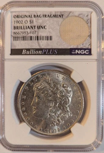 1902-O Morgan w/ Bag Fragment NGC Brilliant UNC BullionPlus Label Silver Dollar