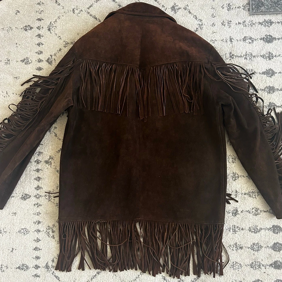 Chaqueta de Cuero Marrón Chocolate Vintage Gamuza Flecos Western Boho XL/2XL *Defecto* Foto 2 de 4