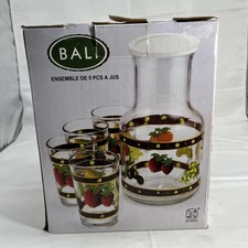 Vtg Bali New In Box 5 Pc. Juice Set  Fruit Strawberries Pitcher Cups red yellows