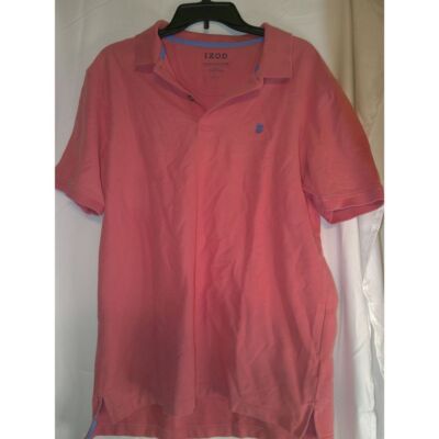 IZOD Advantage Stretch Polo Shirt Salmon Blue Logo Casual Golf Tennis L