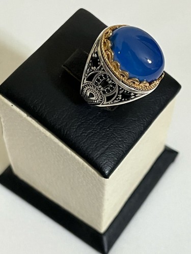 Luxury Men 925 Silver Ring Genuine Yemen Aqeeq Handmade design عقيق ازرق نوادر - Picture 3 of 13