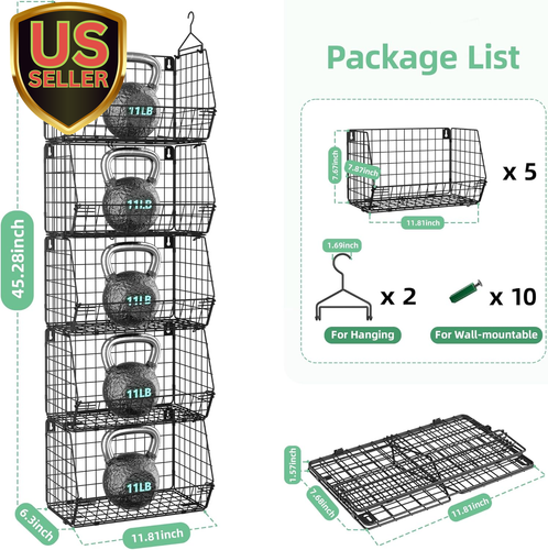 Hanging Baskets for Organizing, 5 Tier Wall Basket Storage for Kitchen, Wire ...