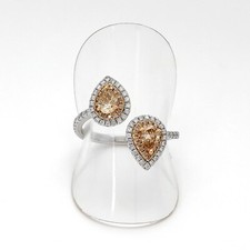 Two Brownish Pear-Shaped Smoky Quartz  White Cubic Zirconia Open Band Ring