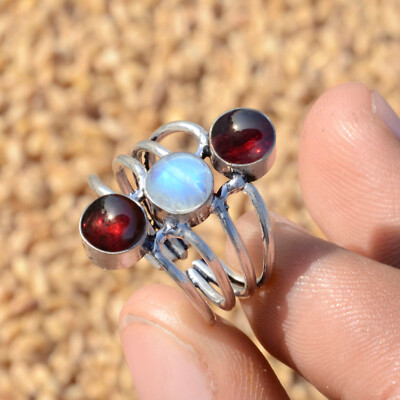 Moonstone, Red Garnet Gemstone Ring 925 Sterling Silver Handmade Jewelry Ring