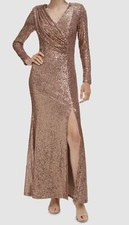 Eliza J Women Beige Sequined V-Neck Draped-Bodice Gown Dress Petite Size 8P