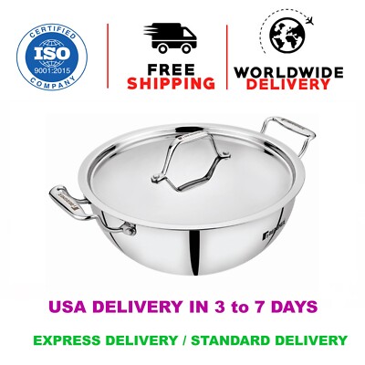 Bergner Stainless Steel Triply 5.7 L 28 cm Deep Fry Pan Wok Kadhai With Lid