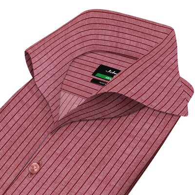 High Open Extreme Cutaway Collar Buttonless Maroon Wide Stripes Men Cotton Shirt