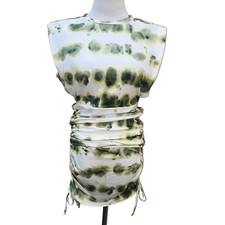 Tie Dye Dress Medium Soft Stretchy Fitted Shoulder Pad Cinch Detail Green      q