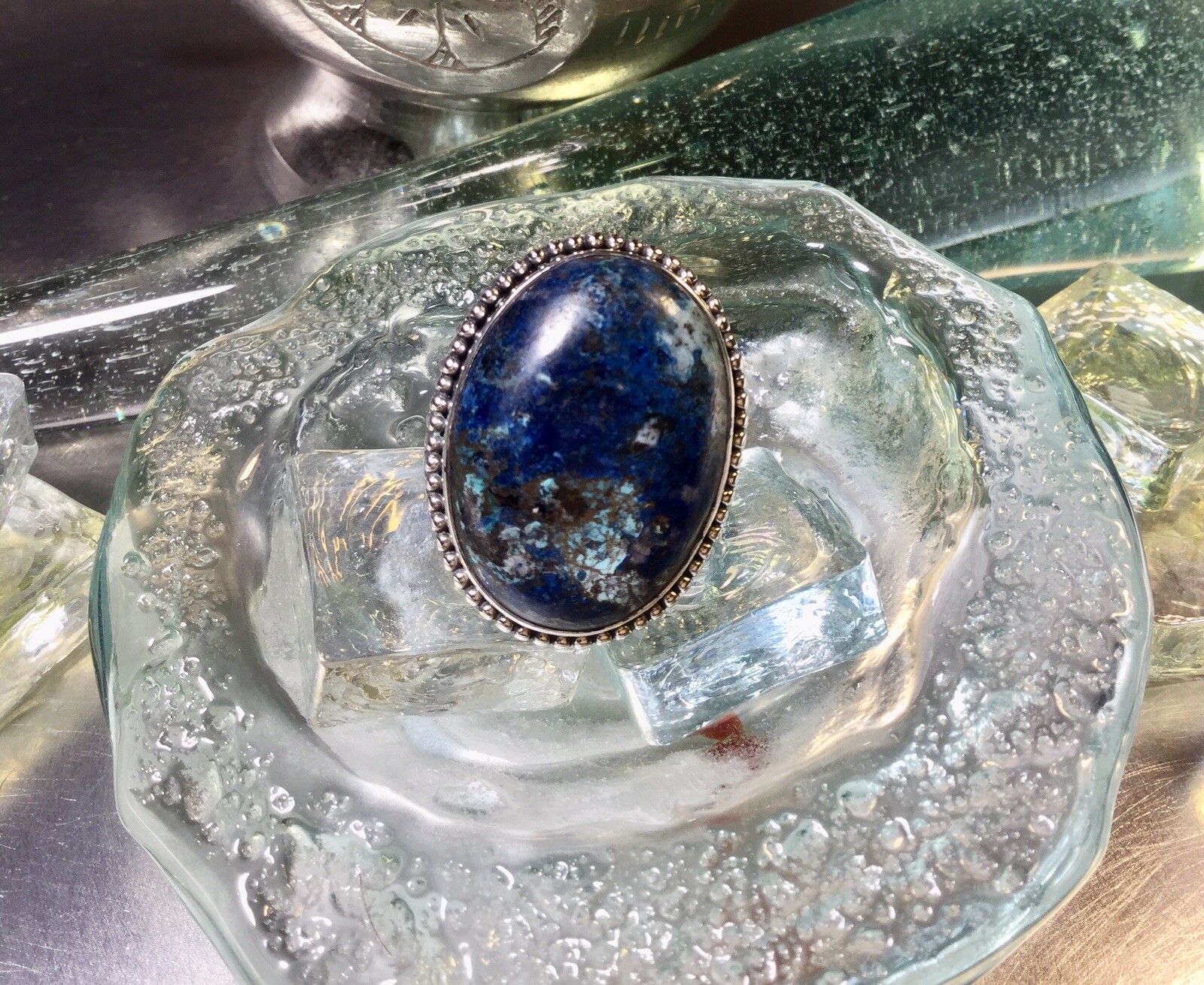 Genuine 925 Sterling Silver Large Chunky Azurite Gemstone Ring Size 8.5 ...