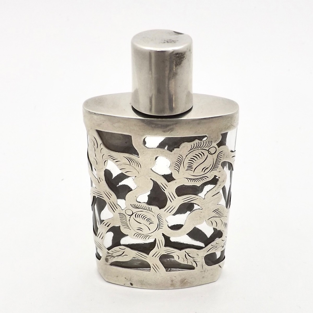 Antique Mexico Sterling Silver Overlay Glass Perfume Bottle Flask