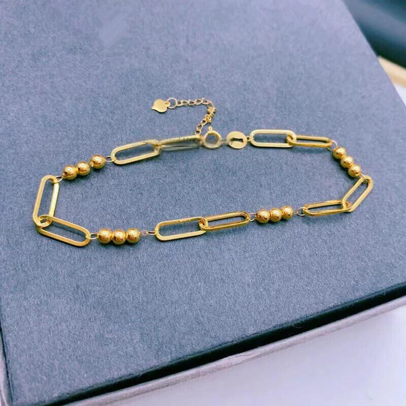 Au750 18K Yellow Gold Chain Cable Rolo O Beads Link Bracelet 6.3-7.5inch - Image 3 of 4