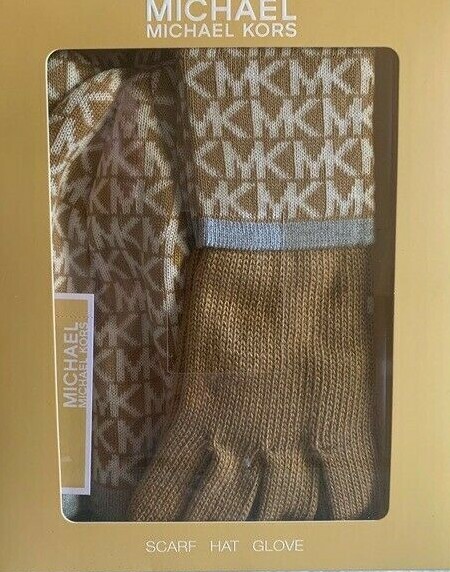 $98 Michael Kors Women's Logo Knit Beanie Hat Scarf Glove Set Tan White Gray