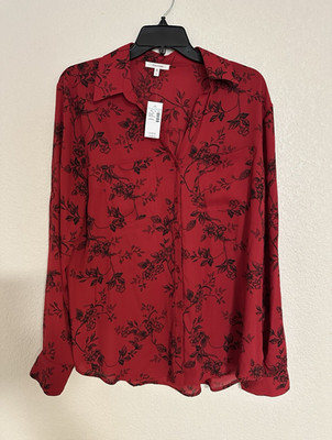 maurices Red/Black Floral Collared Button Front Long Sleeve Blouse Women s L