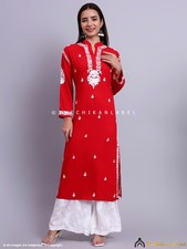 Red Rayon Chikankari Straight Kurta, Lucknowi Chikan Handmade Kurti for Women