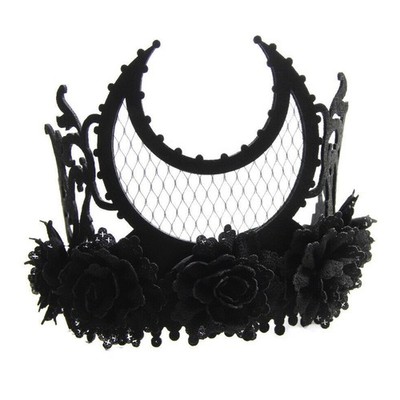 Gothic Women Black Moon Flroals Crown Headband Halloween queen Cosplay Headpiece