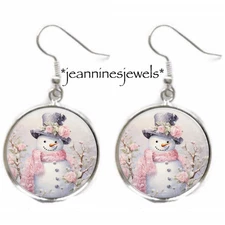 Pink Snowman EARRINGS Shabby Chic Roses Christmas Gift Silver Charm Dangle
