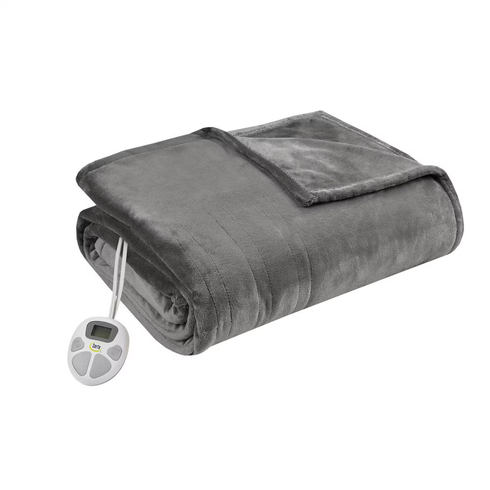 Serta Queen Plush Electric Heated Blanket Dark Gray