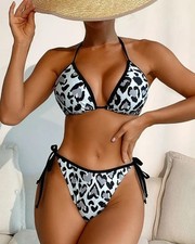 Chic Leopard heart Print Bikini - Halter Neck, Tie-side Bottoms, Size 12-14