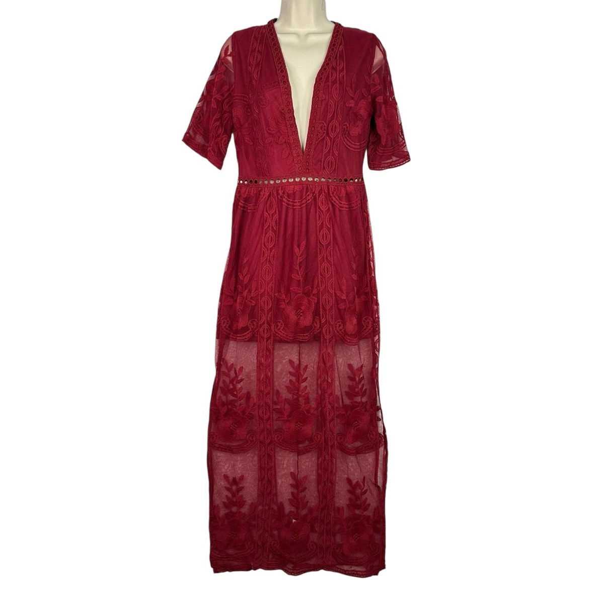 Eleter Lace Overlay Maxi Romper Womens Small Burgundy Deep V Boho Festival Dress | eBay Eleter Lace Overlay Maxi Romper Womens Small Burgundy Deep V Boho Festival Dress | eBay