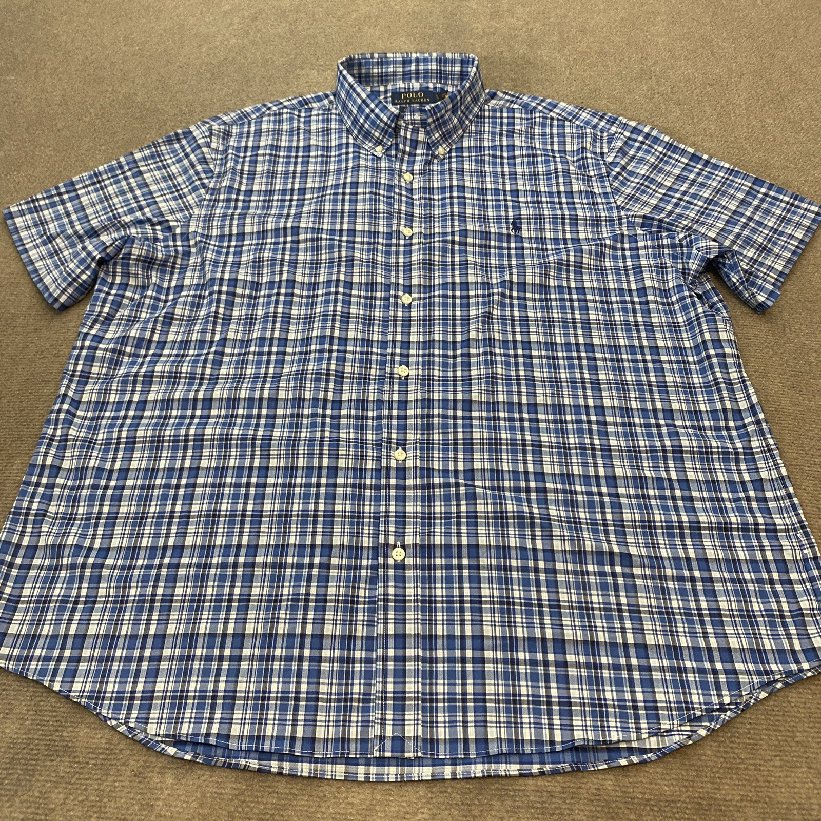 Polo Ralph Lauren Shirt Mens 2XL Blue White Plaid Short Sleeve Stretch Nylon