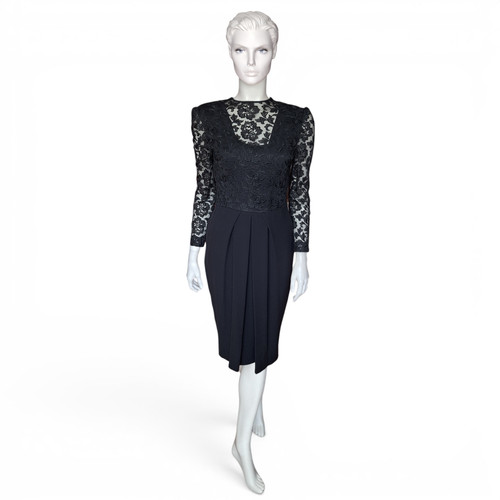 Hardy Amies, HARDY AMIES Cocktail Dress Size 10 Black Sheer Lace Yoke/Sleeves Vtg 90s Party