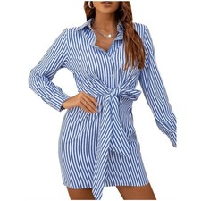 Blue Striped Tie-Waist Mini Shirt Dress sz L New