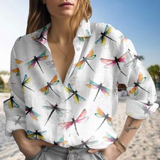 Image of Colorful Watercolor Dragonfly Blouse Artistic Nature Bug Lover Button Up Gift