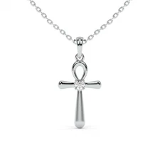 Egyptian Ankh Cross Pendant, Round Lab Grown Diamond Pendant Necklace - 14K Gold