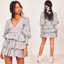 NWOT LoveShackFancy Paris Grey Floral Ruffle Tiered Long Puff Sleeve Mini Dress