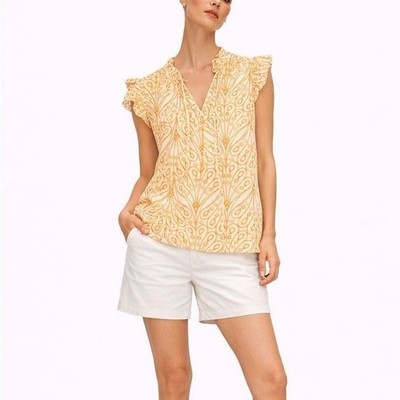 Loft Petites Orange White Embroidered Flutter Sleeve Tie Neck Top SP Cotton