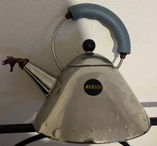 ALESSI MICHAEL GRAVES VINTAGE WHISTLING STOVE TOP KETTLE BLUE HANDLE BROWN BIRD