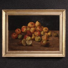 Natura morta frutta mele pere dipinto ad olio su tavola quadro arte XX secolo