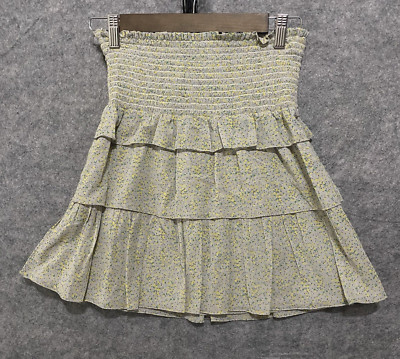 Koch Tiered Ruffle Mini Skirt Sz XS Yellow Ditsy Floral Layered Smocked Y2K