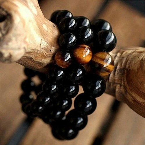 6/8/10/12mm Natural Black Agate & Yellow Tiger's Eye Gems Beads Bracelets 7.5"