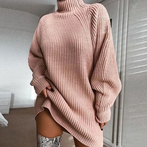 Elegant Women Turtleneck Oversized Knitted Dress Long Sleeve Mini Sweater Dress - Picture 10 of 19