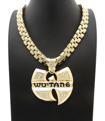 Hip Hop Iced Gold Plated WU-TANG Pendant & 13mm 24'' Thank Chain Bling Necklace