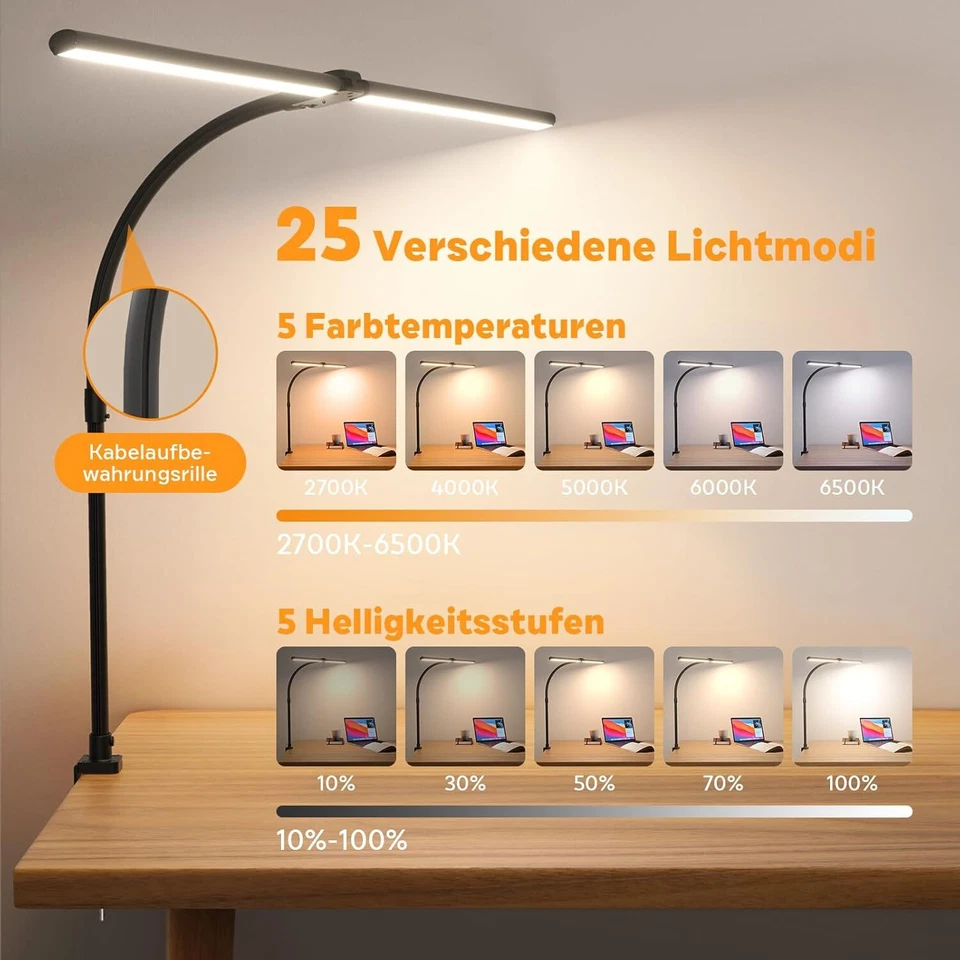 Doppelkopf Schreibtischlampe LED Dimmbar 24W 100 Beleuchtungsmodi Klemmbar Tages - Bild 2 von 4