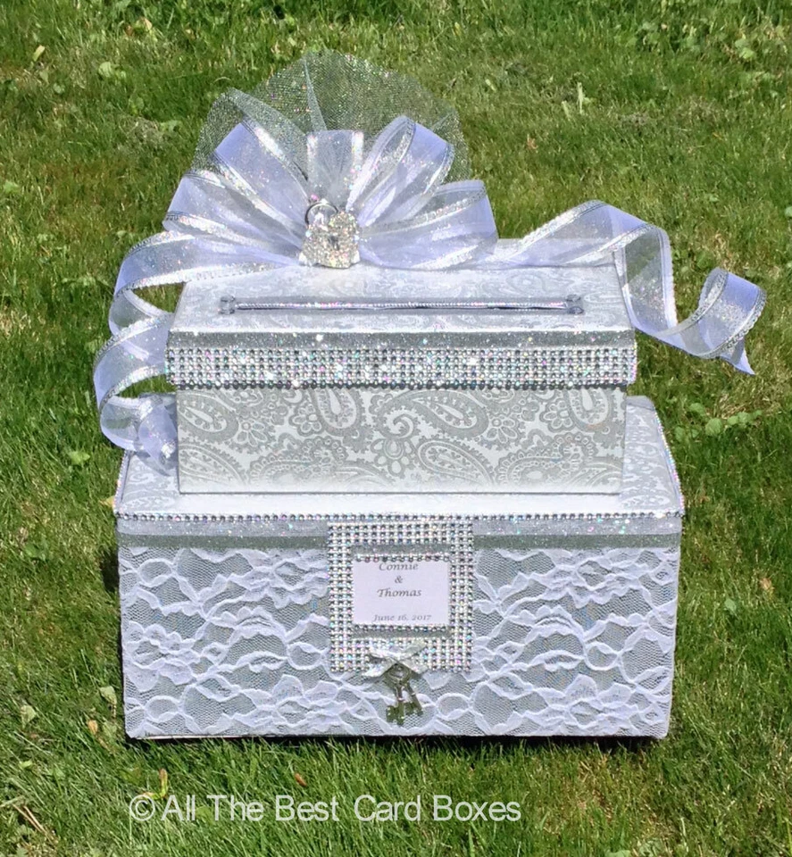 Caja de tarjetas de boda, blanco, decoración de boda, dos niveles, personalizado, plata, tiene capacidad para 80 tarjetas Foto 2 de 4