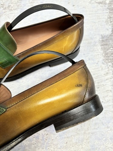 RARA scarpe mocassino SANTONI in pelle EU40,5 verde/giallo/marrone Made in Italy - Foto 4 di 17