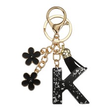 Alphabet Initial Letter Keychain Cute Charm with Tassel Flower Letter K Black