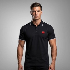 Image of HUGO Hugo Boss Mens Black Polo Shirt Cotton Short Sleeve Red Embroydary Logo NWT